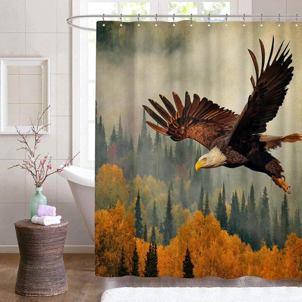 Eagle Shower Curtain Forest Bath Curtain Autumn Nature Bathroom Curtain Washable Easy to Care with