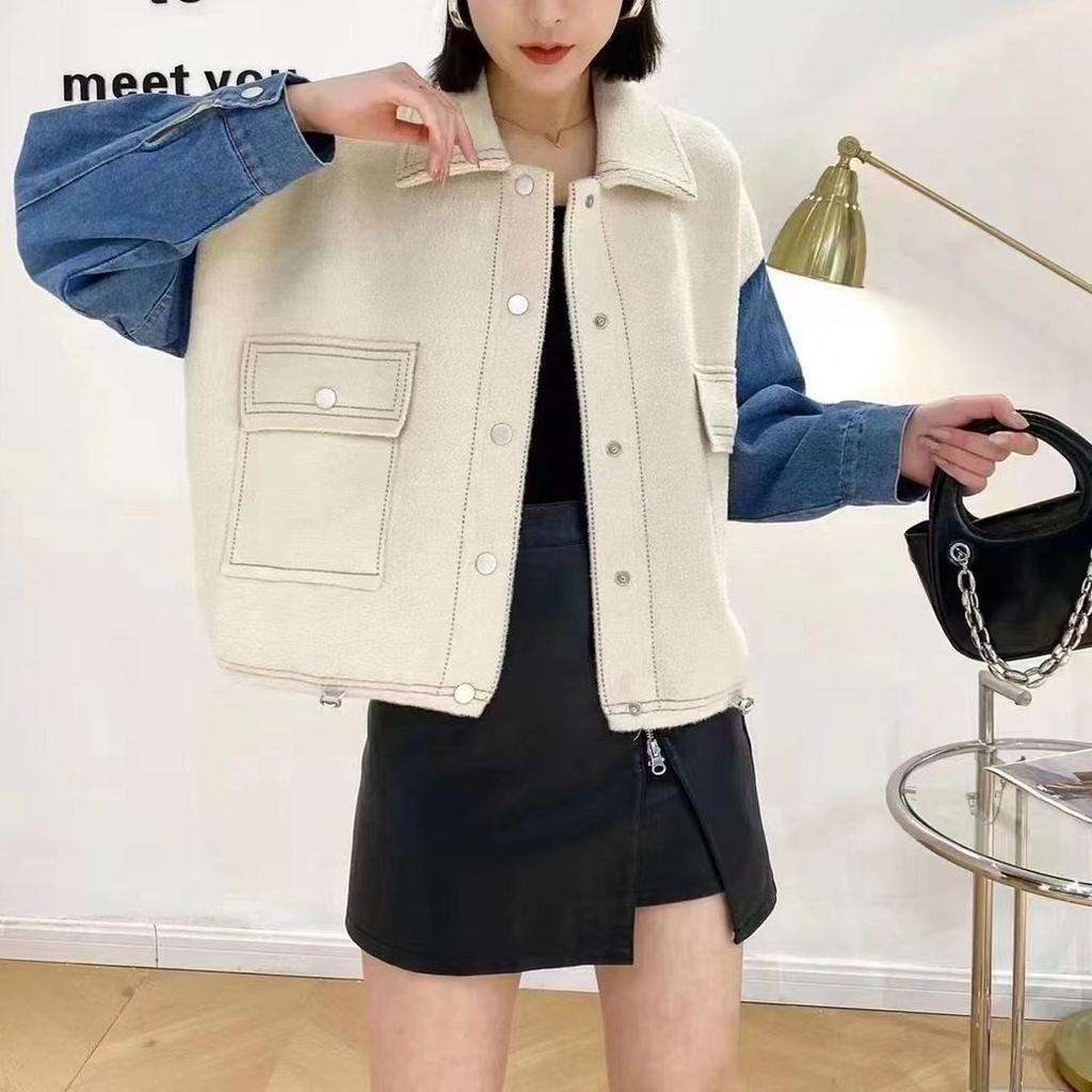 Denim spliced woolen jacket women's 2025 autumn new outer wear short loose knitted cardigan women's fashion top