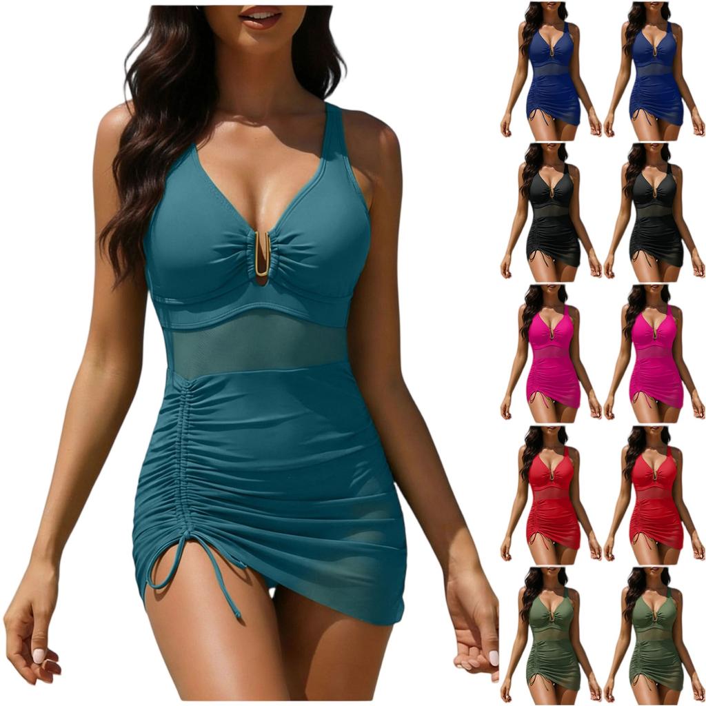 Summer Solid Color Swimsuit Beach Mesh Panel Bathing Suit Vacation Ruched Drawstring Swimwear Sexy V Neck Tummy Quick Dry