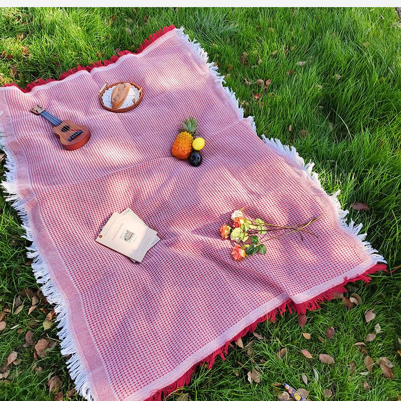 Waffle Tassel Picnic Blanket, Ins Style Breathable Linen Camping Mat, Decorative Beach Throw Blanket