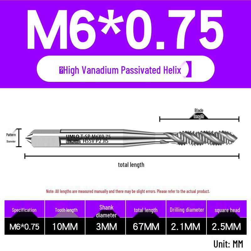 UMLO High Vanadium Spiral Tap Machine for M3-M10 Stainless Steel Tapping