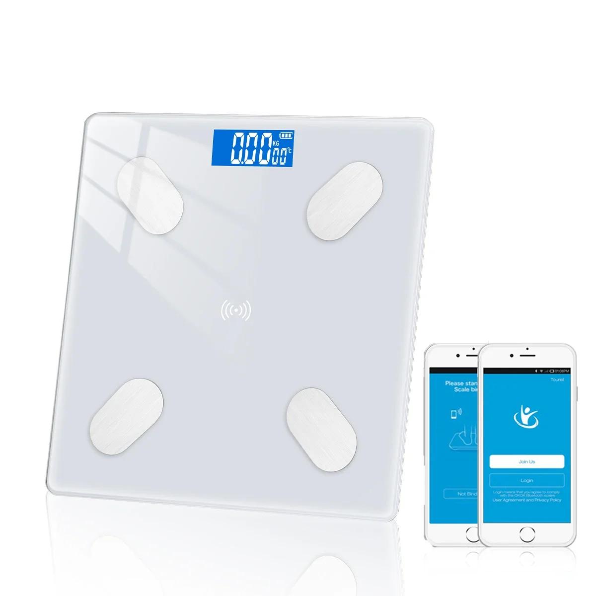 

Весы Bluetooth USB зарядка Body Fat BMI Smart 2023 Электронный светодиодный анализатор здоровья ванной комнаты с возможностью подключения к мобильному телефону белый