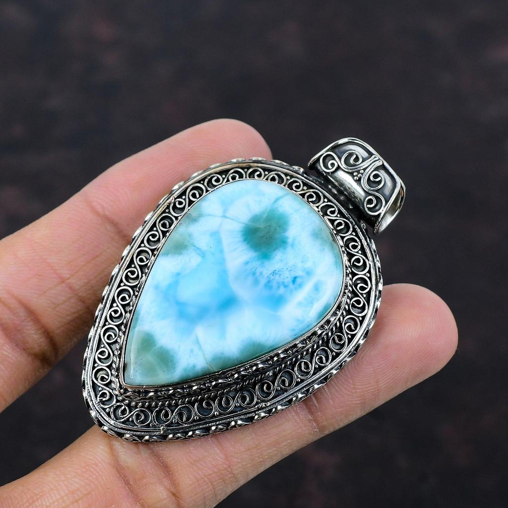 Pandantiv cu pietre prețioase Larimar Pandantiv vintage Pandantiv din argint 925 Bijuterii naturale Larimar Pandantiv lucrat manual Cadou de logodna Pandantiv delicat