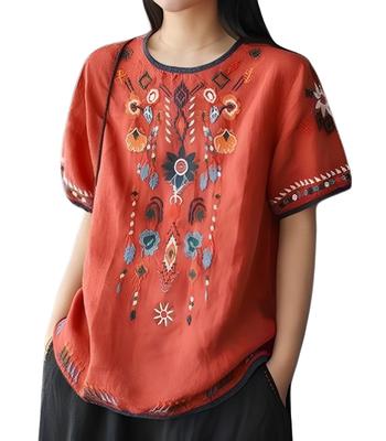 Second Roots Ethnic Embroidered Pullover Top with Asian Short Loose Casual Pattern, Sleeves, Summer, Women's, Relaxed, Natural, Resort, Beach,