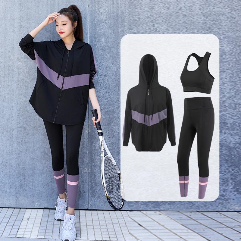 Women's Plus Size Loose Zipper Hoodie Three-Piece Sports Suit with Tapered Pants - Hip Covering, Slimming Yoga Wear