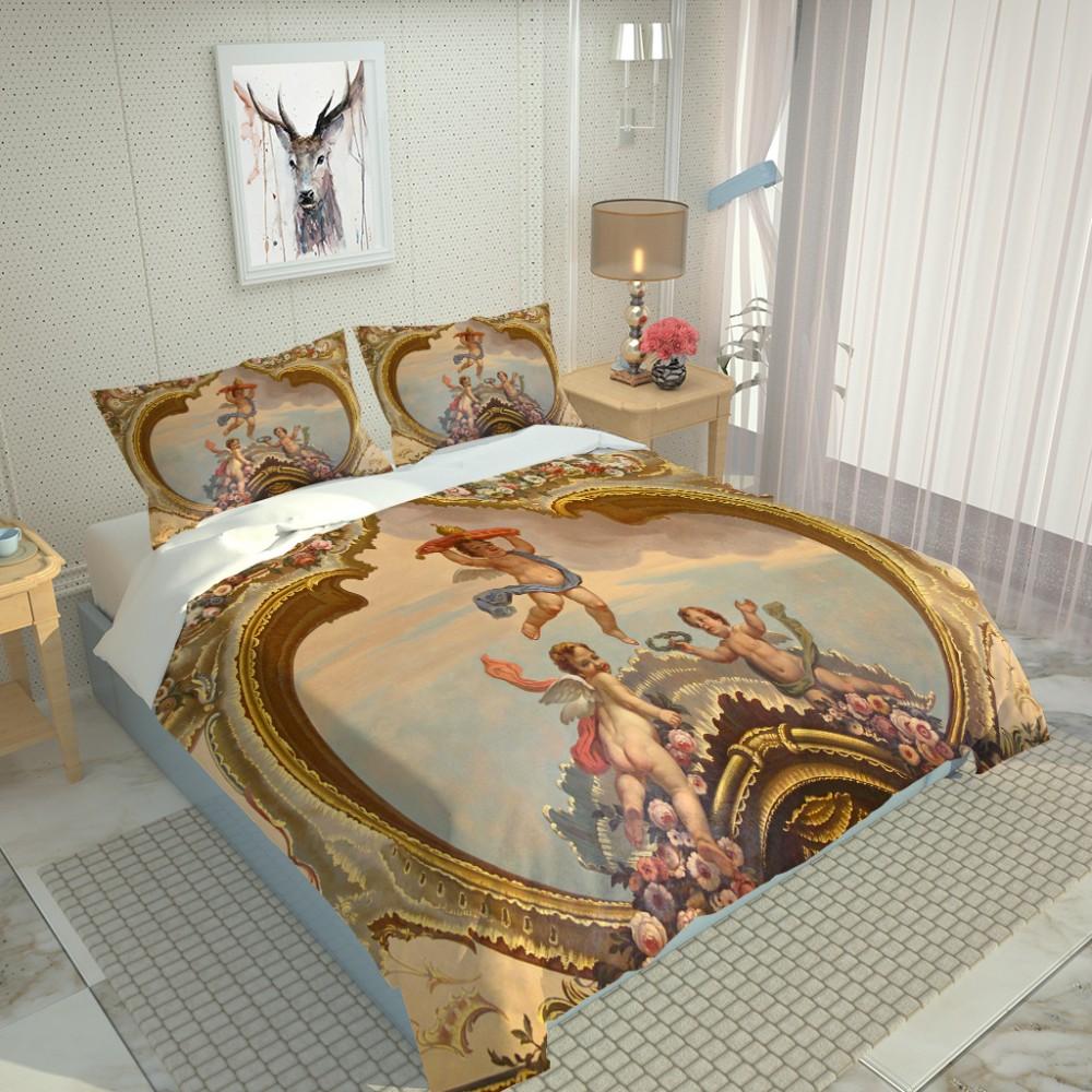 3D Angel Bedding Set Golden Luxury Bedclothes European Pattern Duvet Cover Retro Chain Comforter Cover 3 Piece For Girls Boys