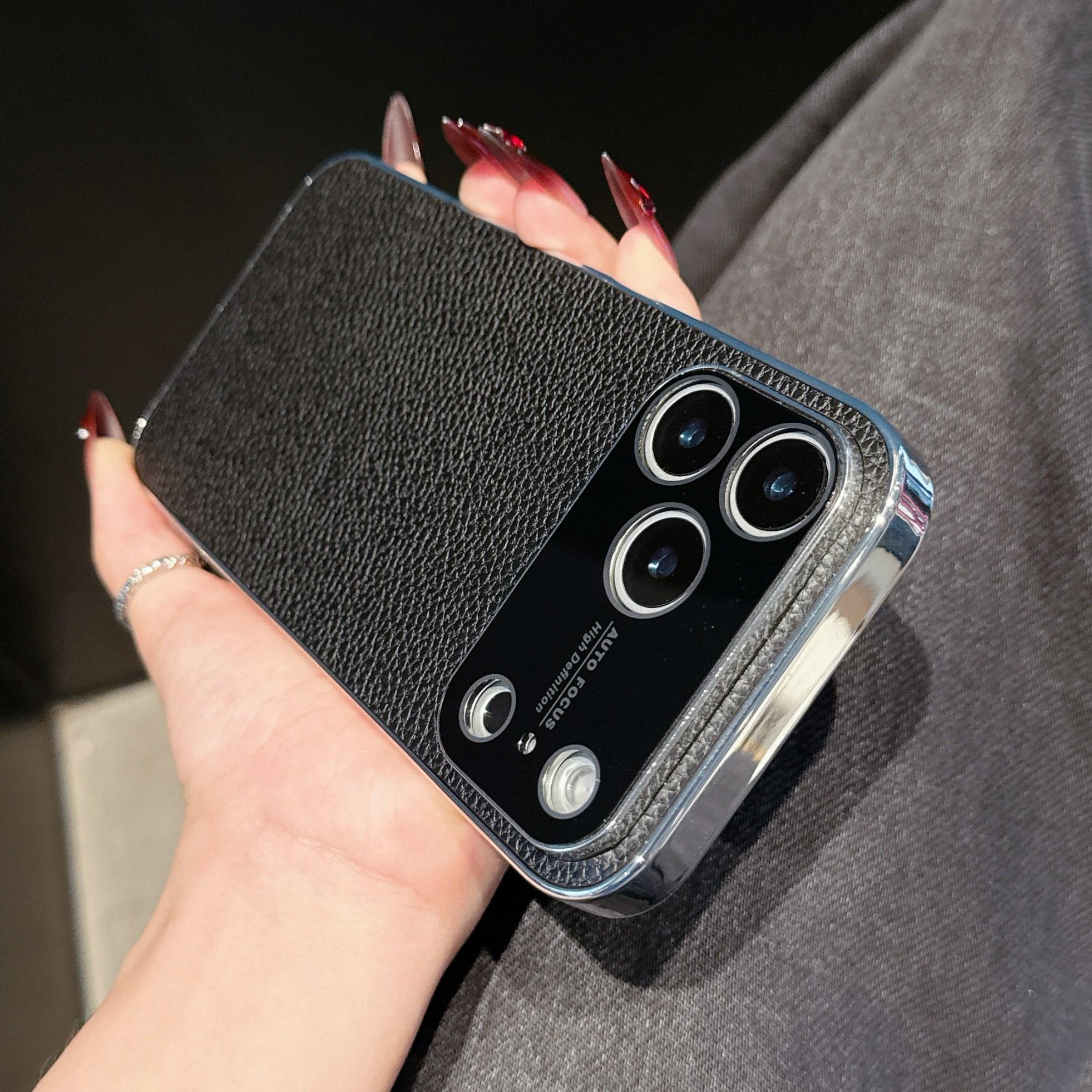 

Luxury Plating Large Window Case for iPhone 17 Air 16 15 14 13 12 Pro Max Plus 11 Vintage Bumper Leather Texture Phone Cover iPhone17 Pro