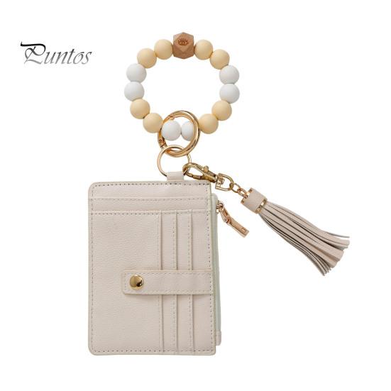 

Брелок на запястье с блокировкой RFID и 6 отделениями для карт, браслет с кисточками и бусинами, брелок из искусственной кожи G