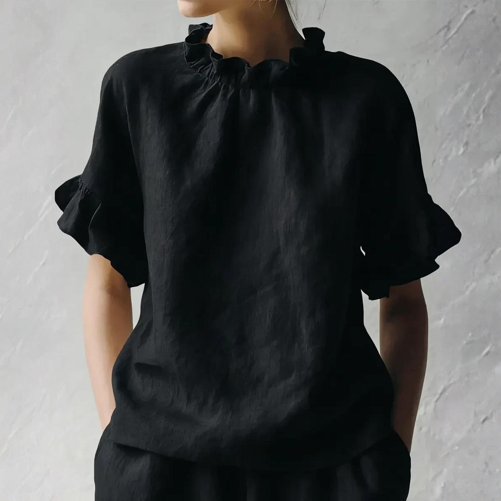 Women s Fashion  Color Casual Loose Ruffled Short-Sleeved Top M чёрный