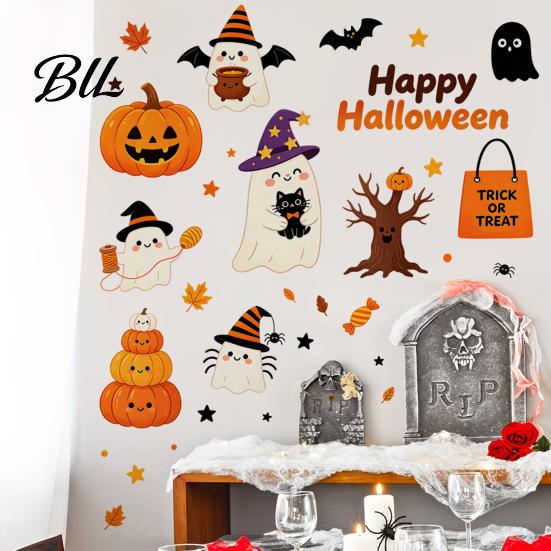 Self Adhesive Wall Mural for Kindergarten Halloween Stickers, Cute Ghost And Pumpkin Print Decals, Cartoon Bat Dead Tree Art Removable PVC DIY Holiday