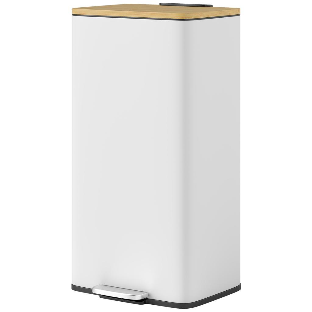 Kitchen Bin, 20 L, Foot-Operated, Bamboo Lid, Removable Inner Bucket, White