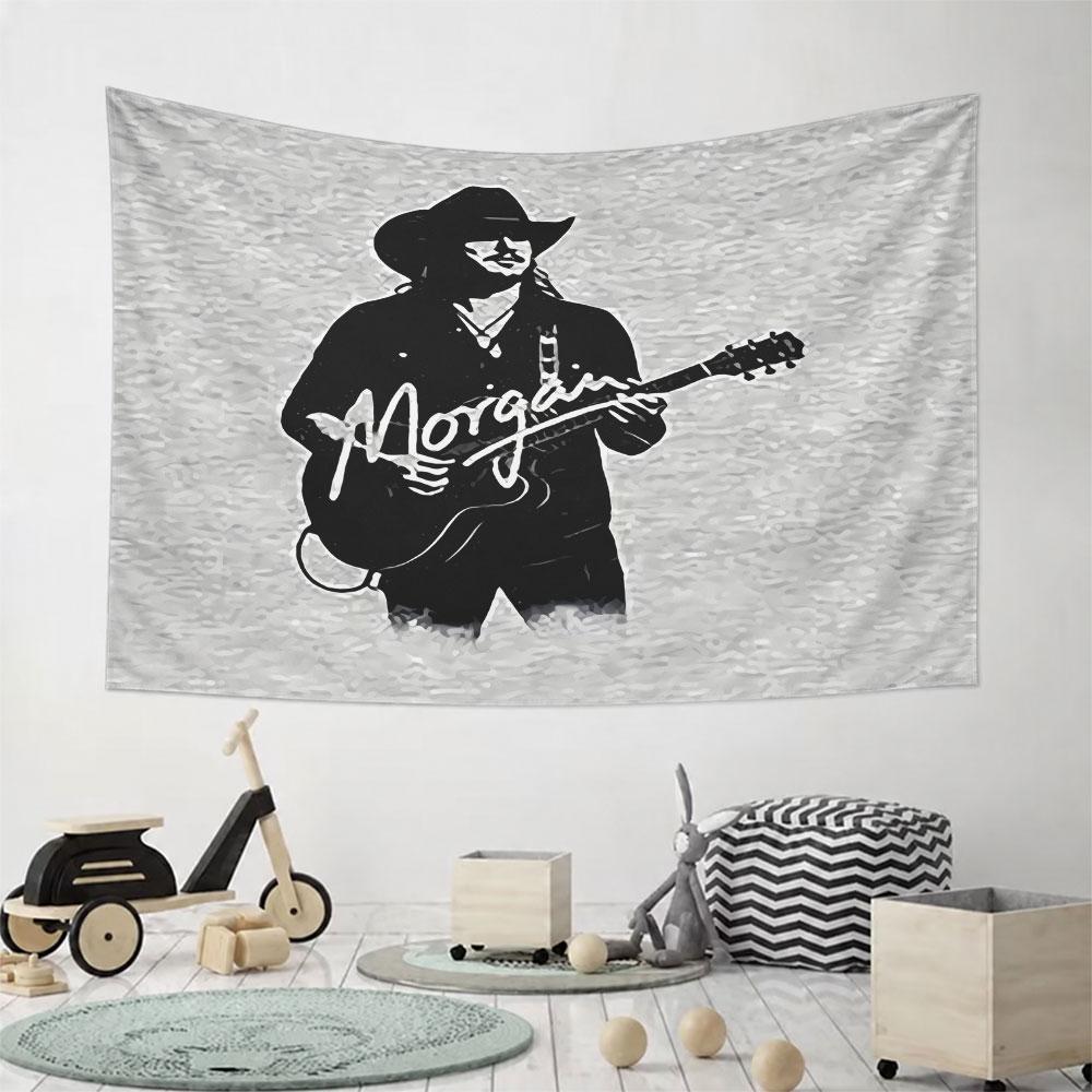 A black silhouette of a musician with a guitar, hat, and "Morgan" text. Patterned tapestry for bedroom and living room home decor