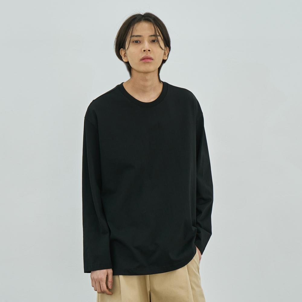 Arrayed Relaxed Cotton Round Long Sleeve T-Shirt [Black]