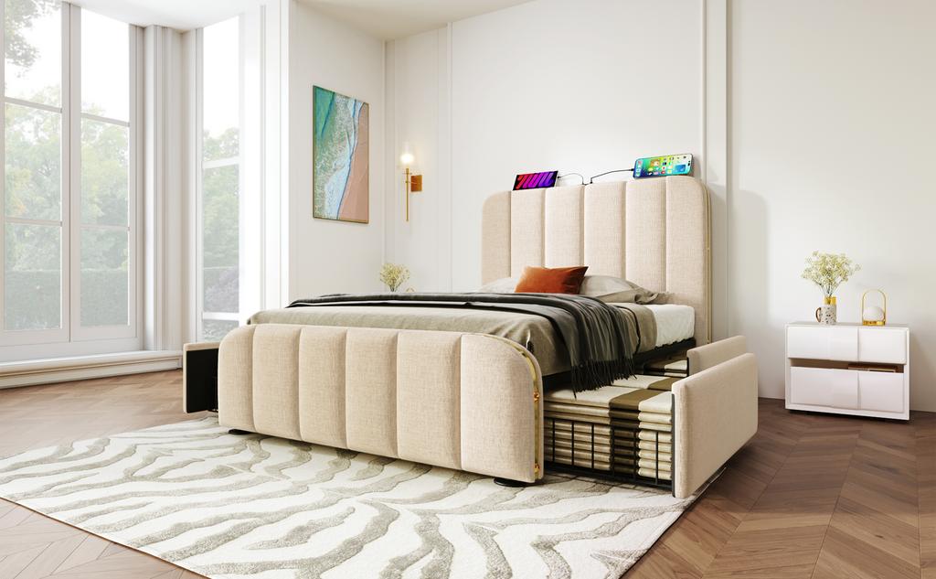Upholstered Bed Single Bed, Headboard with Golden Stripes and USB Type-C Charging Function 90*200 cm, Beige Linen with 4 Drawers (Without Mattress)