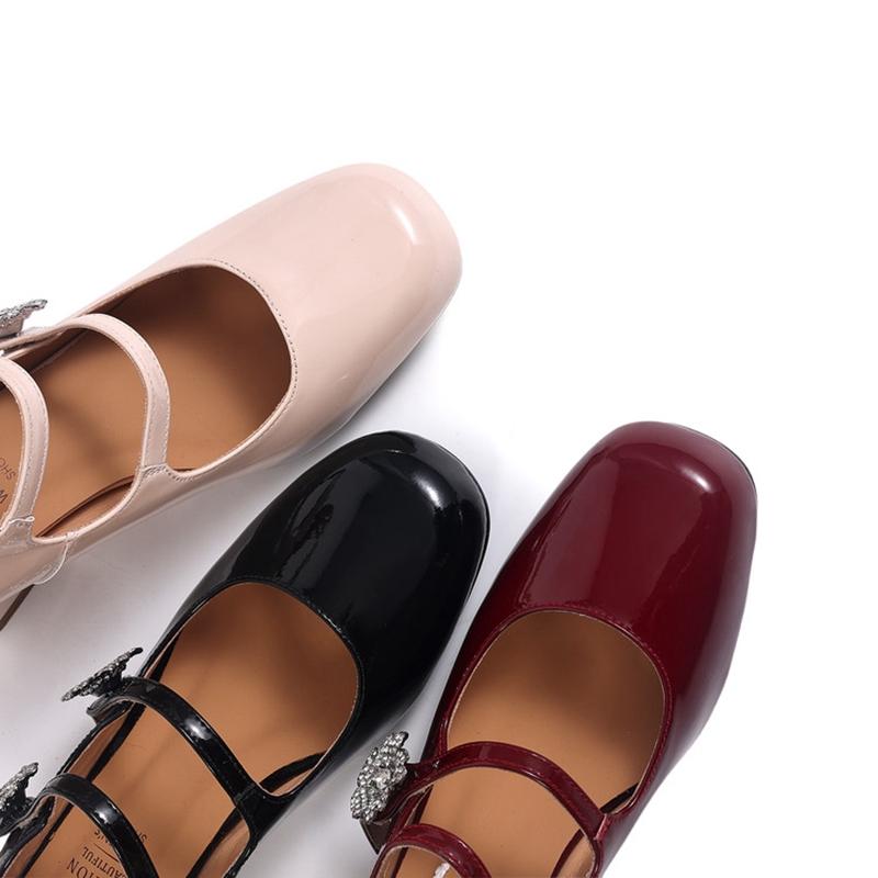 Fashion New women's genuine leather, cowhide, patent leather, round toe rhinestone flower belt buckle, high heels, Mary Jane shoes