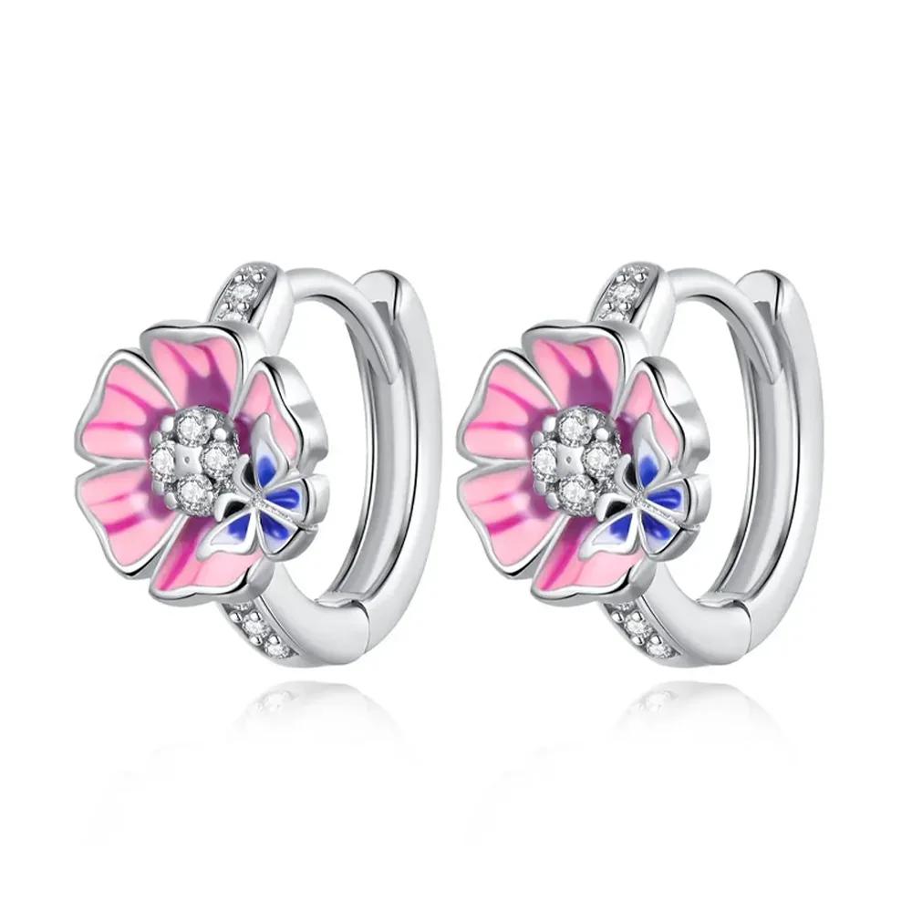 925 Silver Earrings Women Jewelry Butterfly Flower Pink Flowers Zircon Hoop Ear Studs Sparkling Earring Wedding Gift