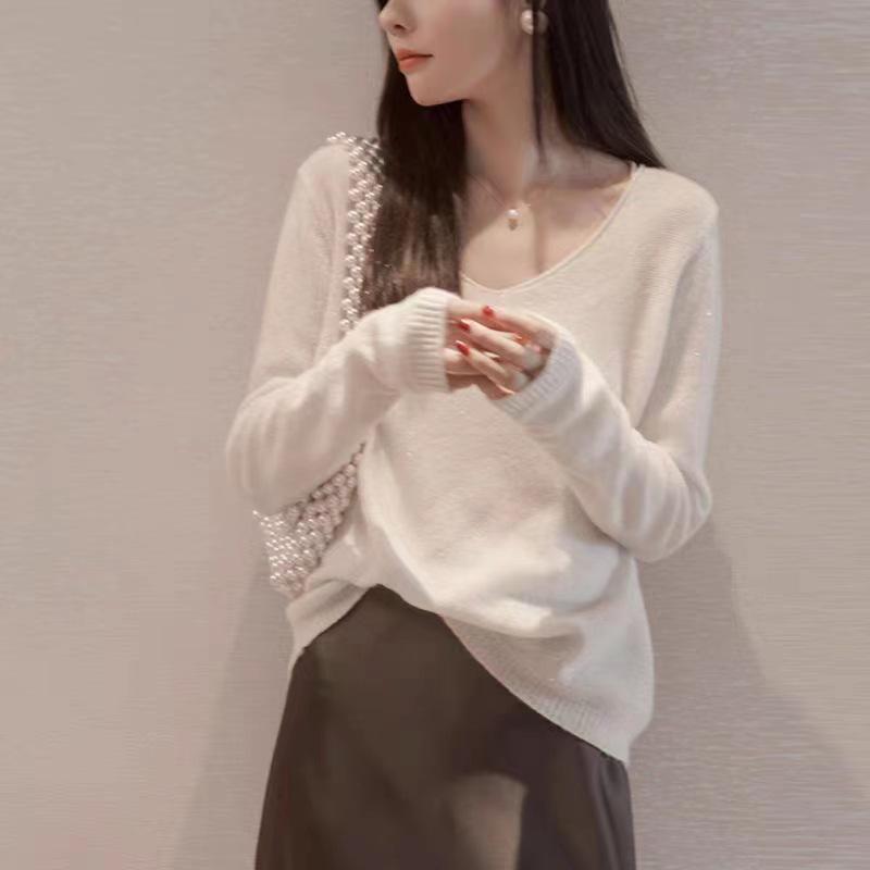 Women's V-Neck Sequined Knit Cashmere Sweater - Loose, Slimming, Long Sleeve, Short & Thin Korean Style for Spring/Autumn