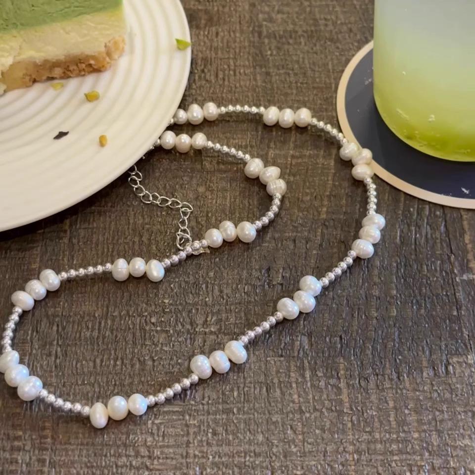 Baroque Special-Shaped Irregular Rice Grain-Shaped Freshwater Pearl Necklace Temperament Copper Bead Splicing Beaded Collarbone Chain