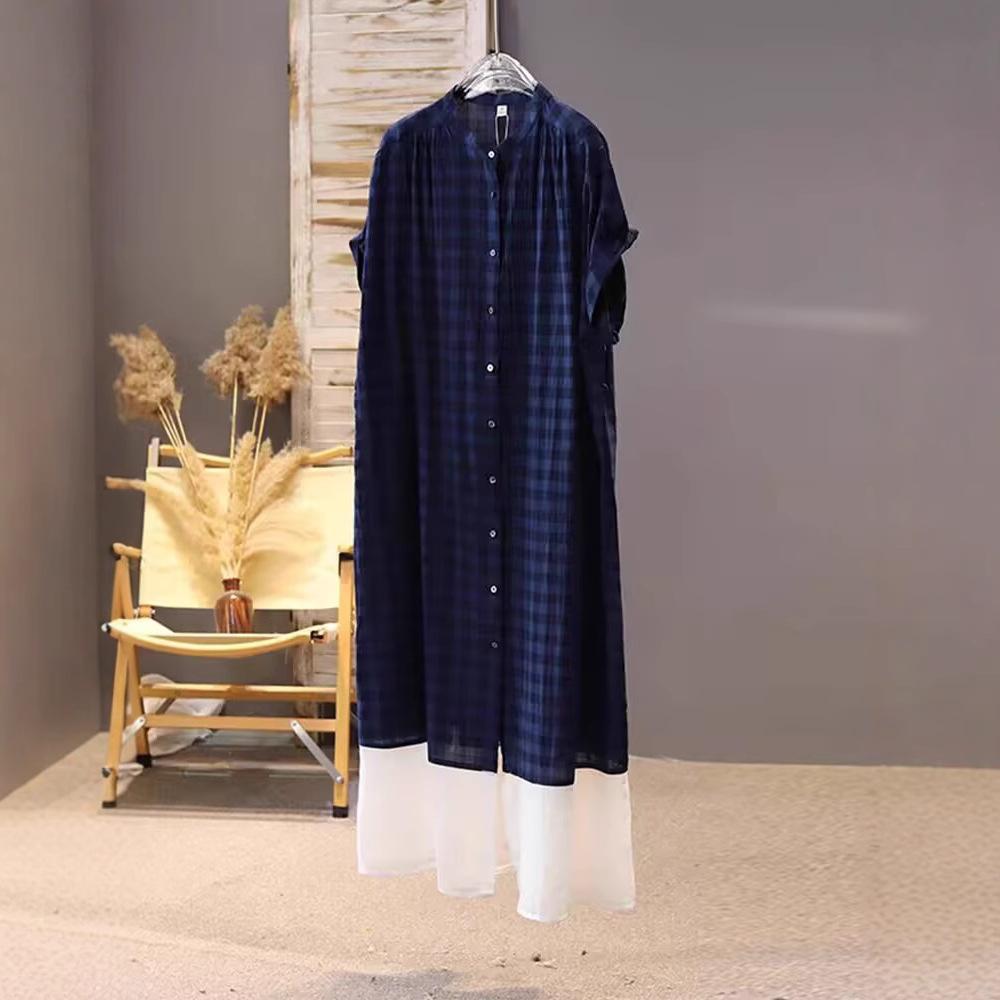 Plaid round neck splicing cotton and linen dress women's 2025 summer new casual loose style short-sleeved medium and long dress