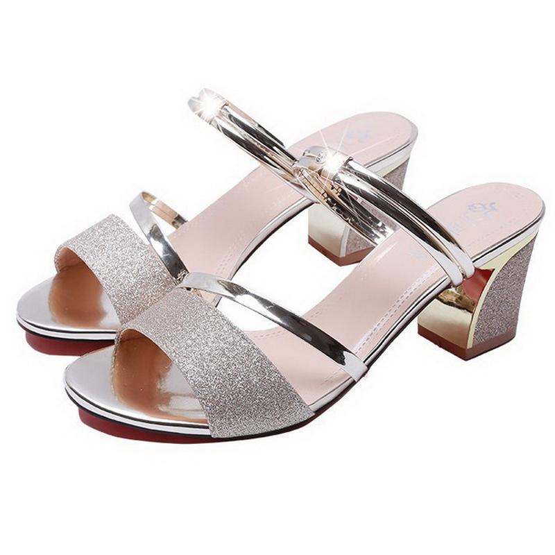 

Women Sequined Cloth High Thick Sandals Peep Toe Slide Sandals for Office Career Daily Outdoor Nightclub Party Banquet Gathering 34 золотой