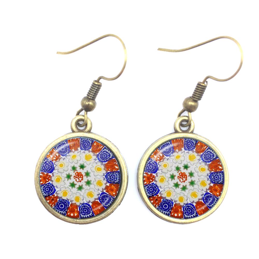 Murano Millefiori Drop Earrings MultiColour Flower 16mm Glass Cabochon Earring Jewelry For Women Girls Gift