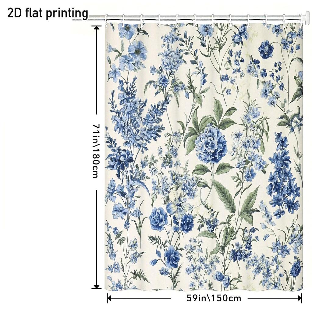 Modrý květinový vzor Sprchový závěs Voděodolný Snadno čistitelný Ochrana soukromí Tisk Vintage botanický design Elegantní 12 háčků