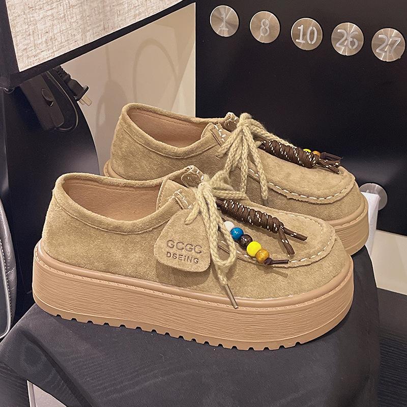 Retro fringed beaded loafers women's autumn 2025 new suede comfortable soft muffin sole casual shoes