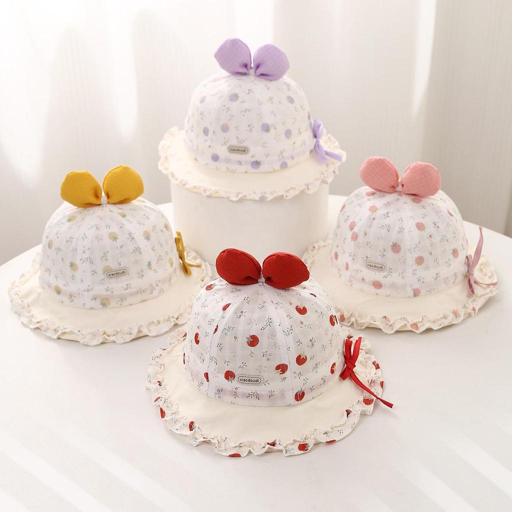 Cute Bow Baby Girls Bucket Hat Sweet Floral Ruffle Fisherman Cap Outdoor Toddler Kids Sunshade Hats