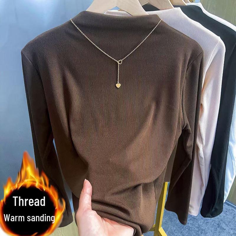Women's Autumn/Winter 2024 Thick Velvet Half-High Collar Slim Fit Long-Sleeve Top