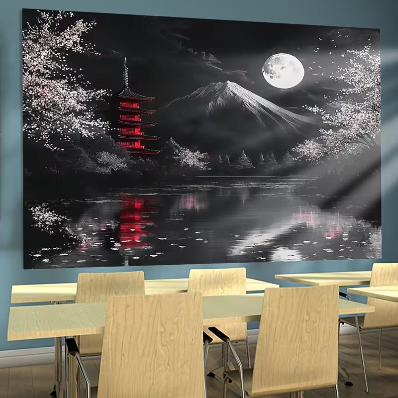 2D Black White Japanese Fuji Tapestry for Asian Aesthetic Home & Party Background