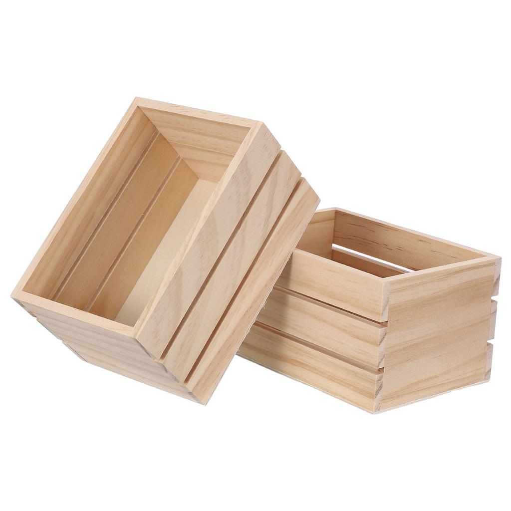 2Pcs Wooden Storage Crate Natural Pine Rustic Unfinished Unpainted Box for DIY Crafts Bedroom Kitchen Office Organizer Box