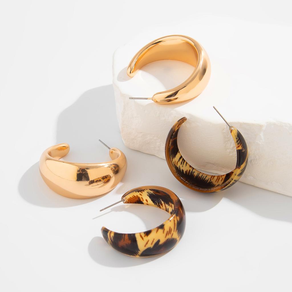 Earrings Niche Metal Smooth C-shaped Stud Earrings Set, Personalized Geometric Resin Leopard Print Earrings