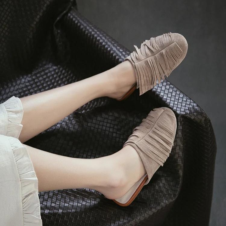 Johnature Chinelos Planos de Moda com Franjas em Camurça de Vaca Leves Confortáveis e Versáteis Sapatos Slip-on Femininos