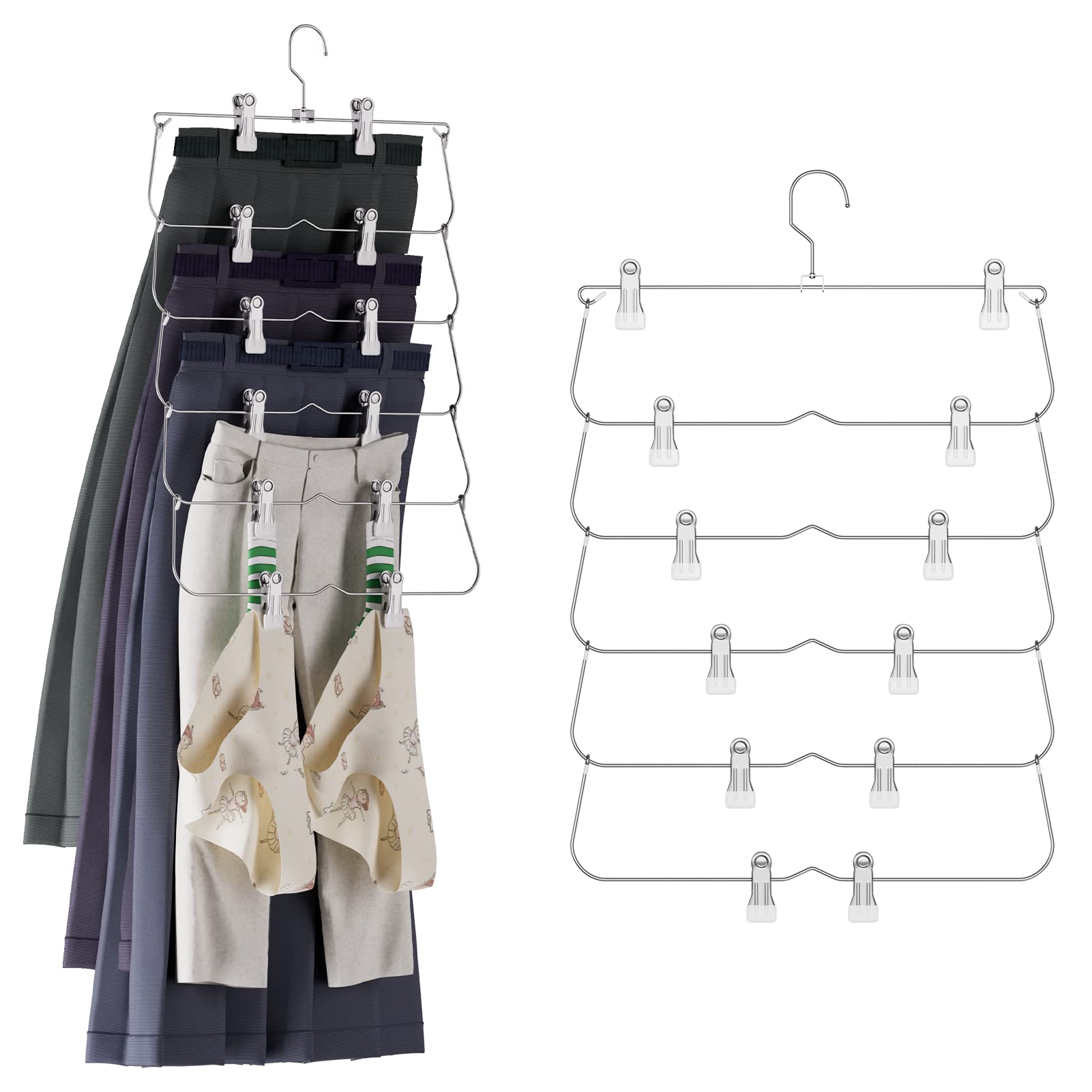 VACNITE Trouser and Skirt 6 Set of Multifunctional Hanger with Strong Leaves No Closet Space Saving Hanger, Tiers, 2, Foldable, Clips, Marks, Storage, белый