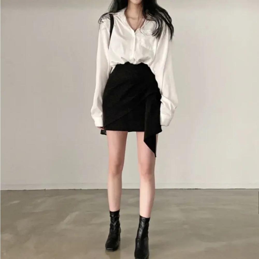 Dámské soupravy Dlouhý rukáv Jednobarevné košile Nepravidelné Mini sukně Ženy Dvoudílné Štíhlé Sexy Korejský styl Šik Stylové Štíhlé