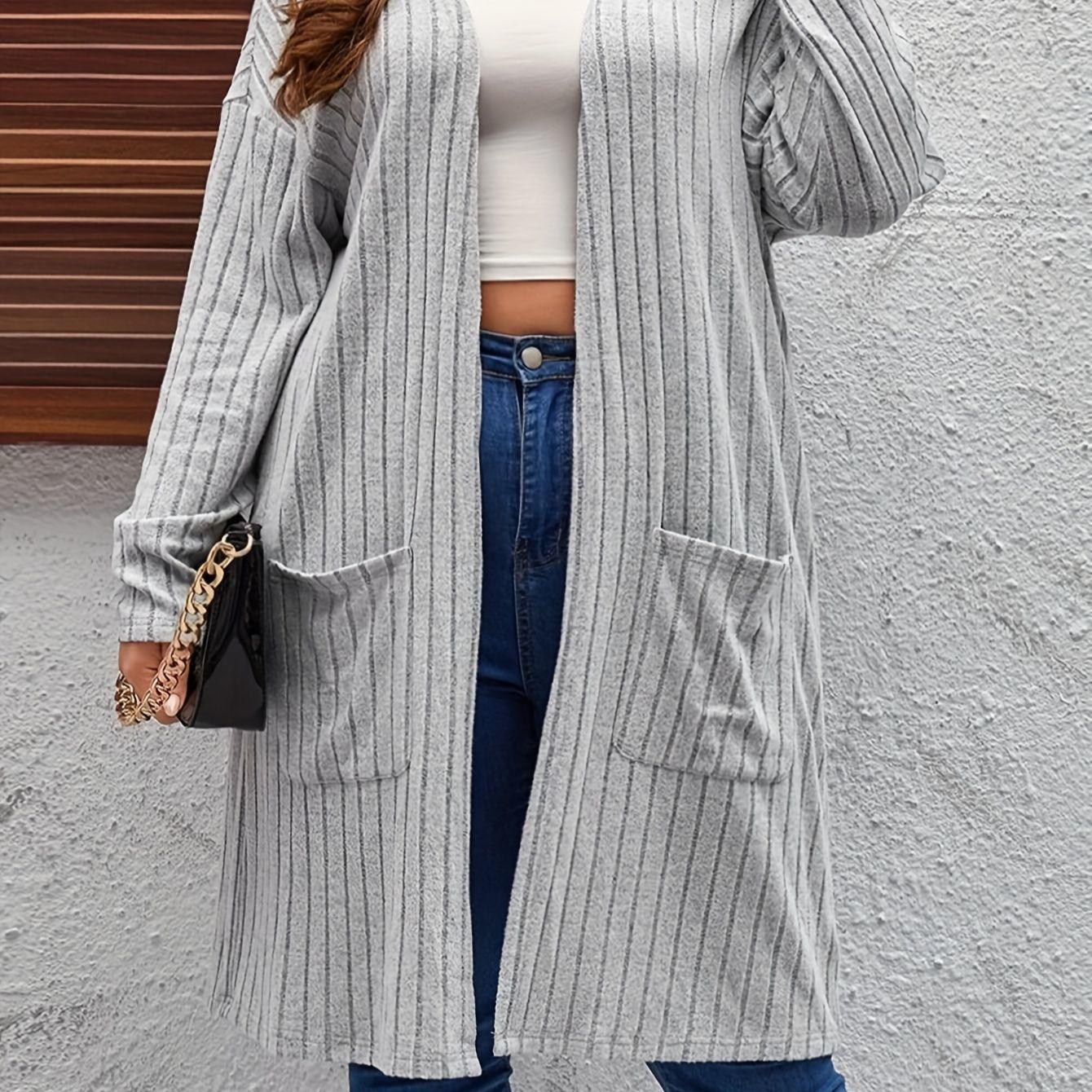 Plus Size Women s Ribbed Knit Long Cardigan with Pockets 0XL