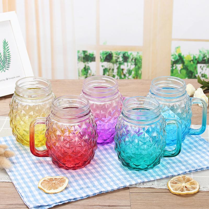 Creative Mason Cup Gradient Glass Drink Pineapple Water Cup with Lid Straw Cup Handle Cup