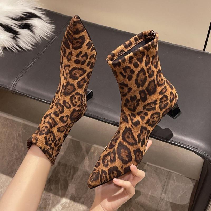 Large size fashion boots women mid heel pointed toe back zipper short boots autumn leopard print elastic women slim boots