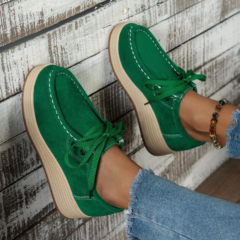 Dámské mokasíny na klínovém podpatku ze semiše, kulatá špička, platforma, šněrování, lehké, protiskluzové, nízké boty