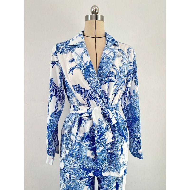 European and American Digital Printing Suit Women's Long Sleeve Loose Lace-up Spring and Summer Fashion Casual Two-Piece Suit Women's