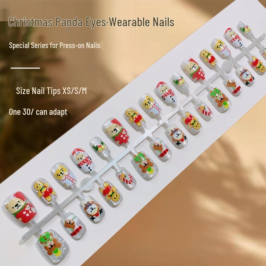 Childlike Fun Christmas Panda Eyes Cartoon Fake Nails - Cute Wearable Finished Nail Art