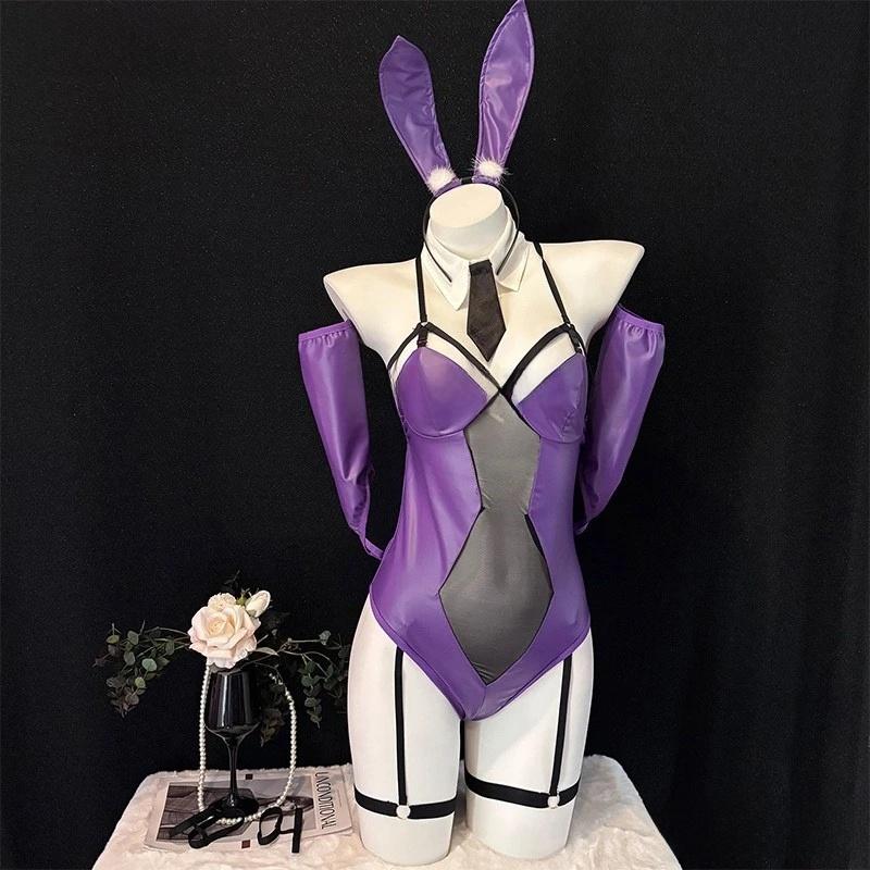 Cute Sexy Anime Bunny Girl Costumes Women Leather Mesh Purple Bodysuit School Girl Underwear Nightdress Outfit Halloween Clothes