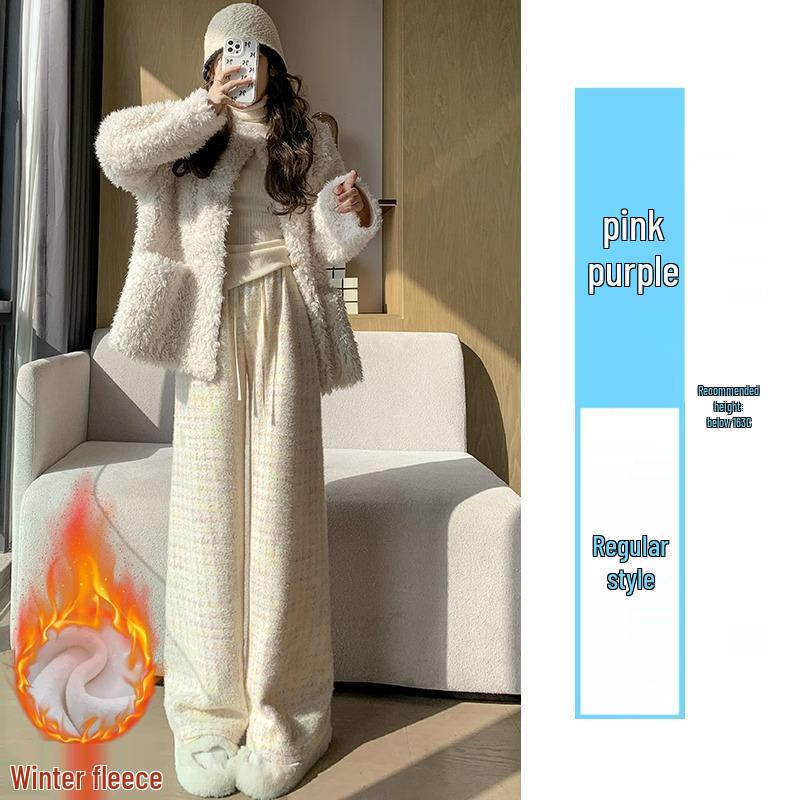 Women's High-Waist Plaid Houndstooth Velvet Pants - Coffee Blue, Wide-Leg, Wool Blend, Petite, for Autumn/Winter