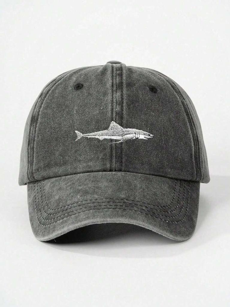 Washed Cotton Baseball Cap With Shark Embroidery, Adjustable Casual Dad Hat For Adults