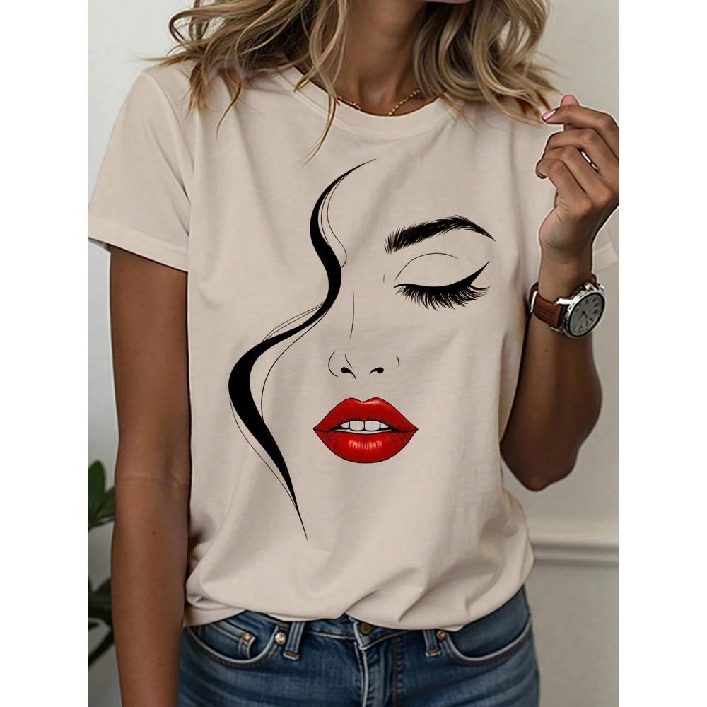 Women's T-Shirt Abstract Face Line Art Graphic Print Tops Casual O-Neck Short Sleeve Tee Summer Outdoor Fashion Female Clothing