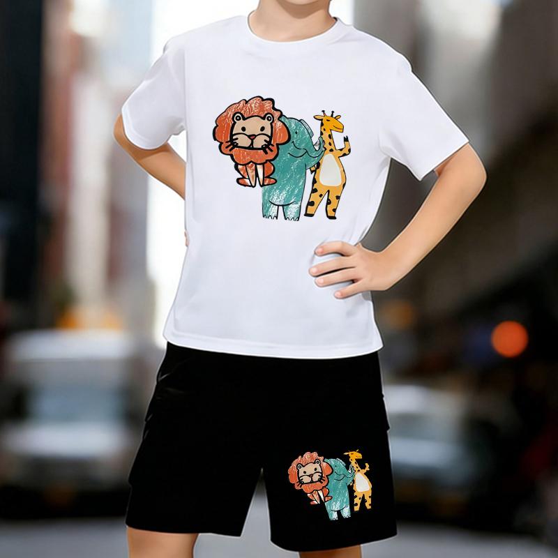 

Boys 2 Piece Jungle Animal Party Printed Outfit, Short Sleeve T-Shirt and Shorts Set for Kids Age 5-14,White Sporty Casual Summer Clothes 13-14 Years білий