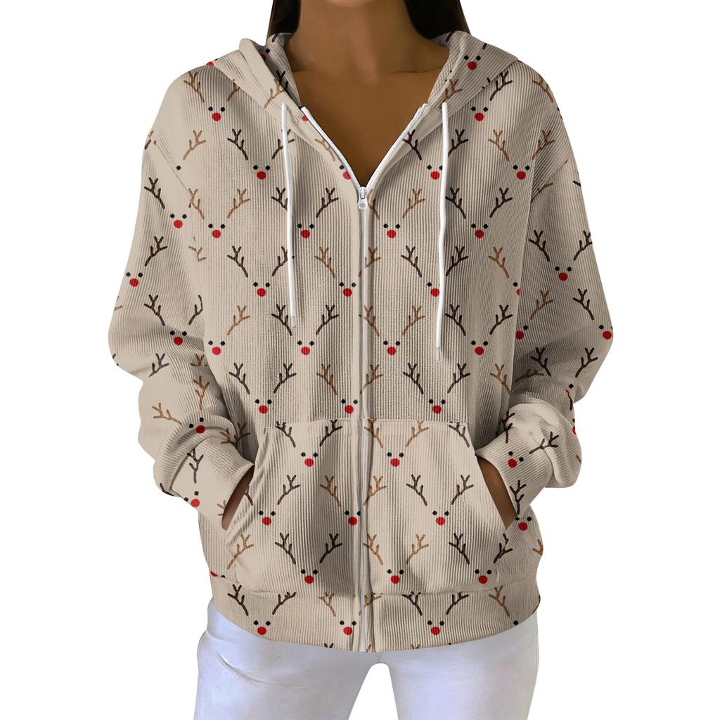 Women's Casual Fashion Long-Sleeved Zip-Up Christmas Print Knitted Hoodie