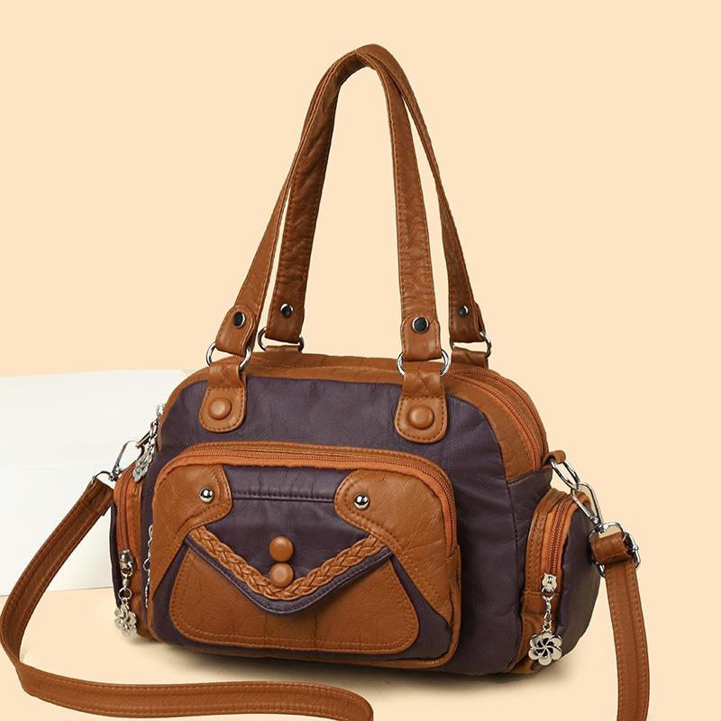 Bag women's new soft leather shoulder bag versatile texture women's messenger bag large capacity contrasting color light mother women's bag