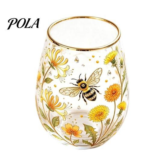 Non-slip Curved Glass Cup, Egg Shape Clear Lead-Free Crystal Enamel Painted Golden Rim Elegant Gilded Vintage Drinking Tumbler, Large Capacity