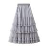 Qooth Elegant Women A Line Tulle Ruffle Skirt Wide Hem Mid Length Elastic Waist Casual Skirt QT2698